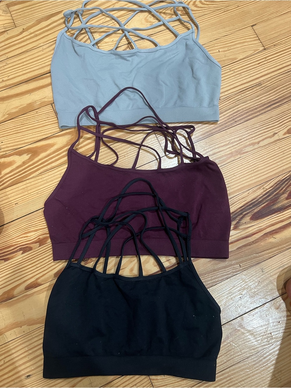 Strappy Seamless Bralette Trio - Light Grey, Burgundy & Black